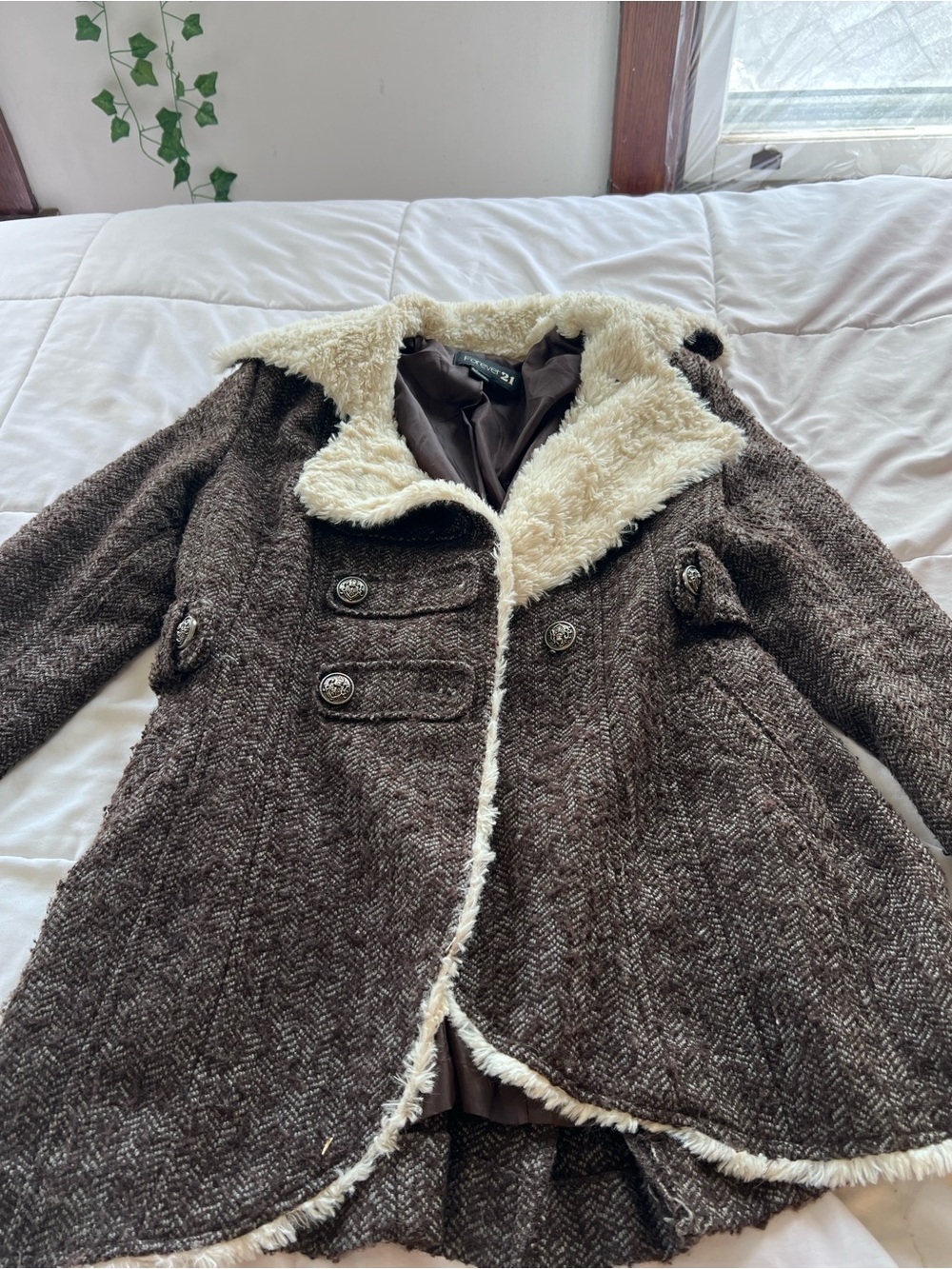 Forever 21 Brown Pea Coat with Cream Faux Fur Trim